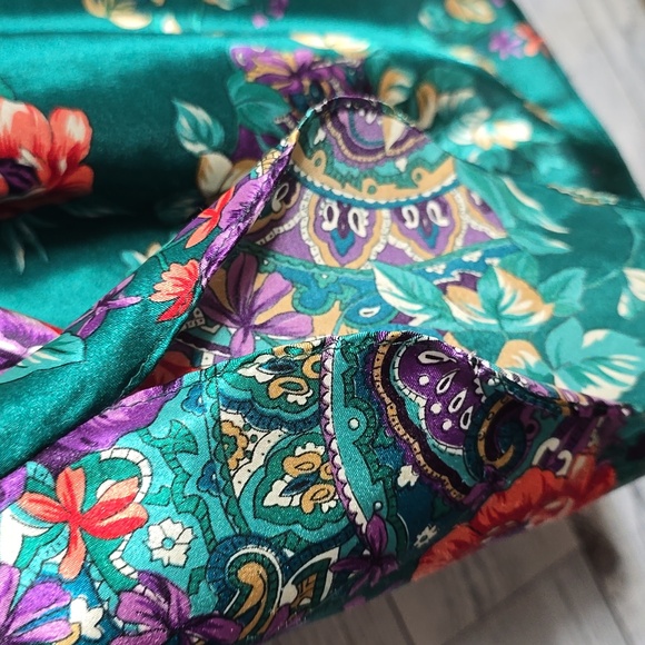 Vintage Expressions By California Dynasty Teal Floral Print Satin Slip Dress - Picture 8 of 8